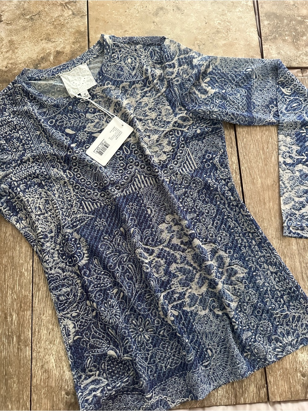 Johnny Was Blue Paisley Lace-Inspired Sheer Long Sleeve Top - Picture 10 of 10